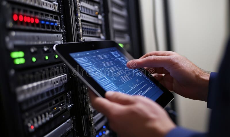 Server management with tablet, hands interacting with device, data center background, illuminated server racks royalty free stock images