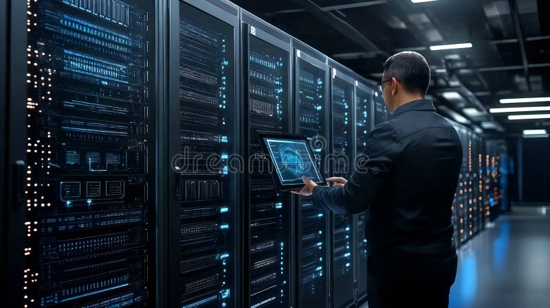 Server professionali di gestione professionale di un centro dati con apparecchiature tecnologiche avanzate illustrazione vettoriale