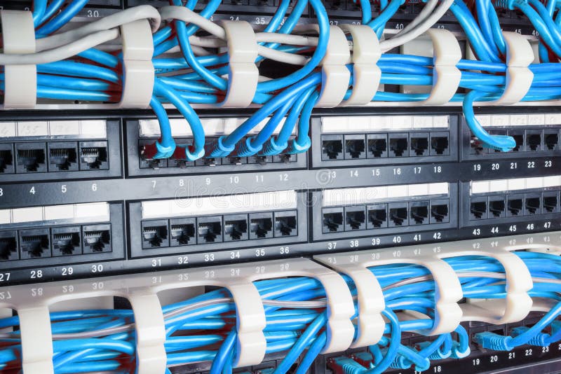 Server rack with blue cables royalty free stock photography