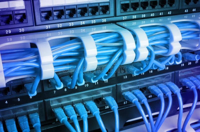 Server rack with blue cables royalty free stock photography