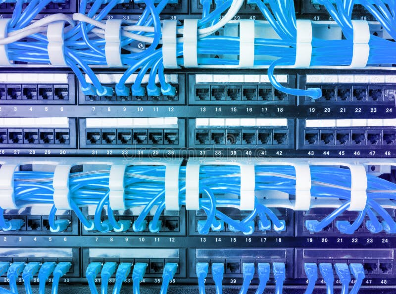 Server rack with blue cables royalty free stock photo