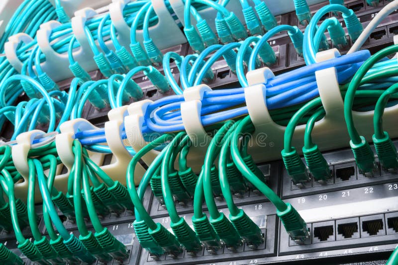 Server rack with green cables stock photos