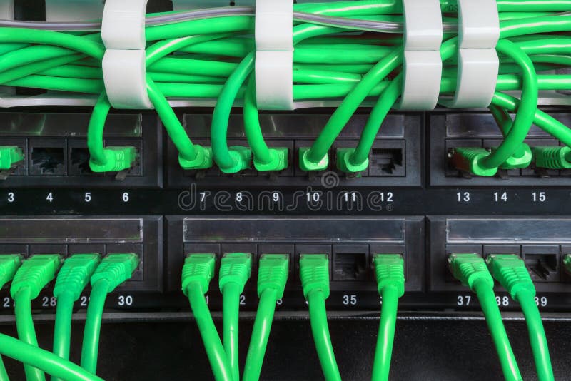 Server Rack With Green And Red Patch Cord Cables Stock Photo