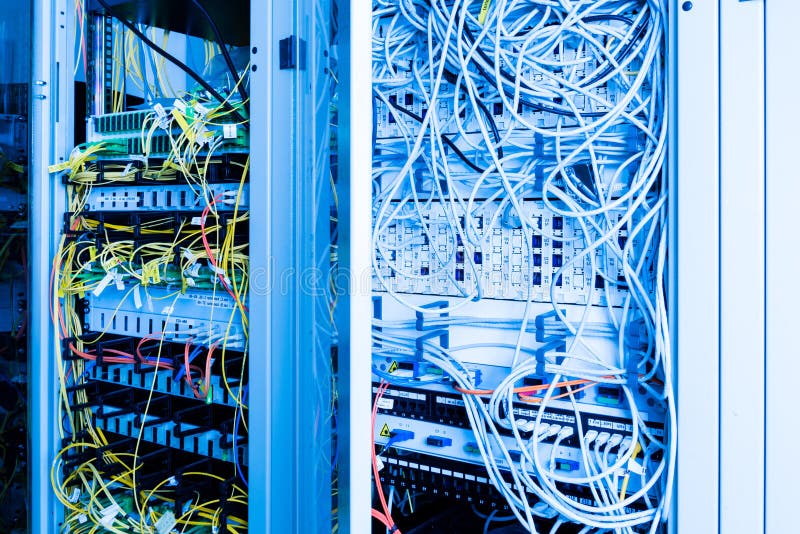 Server rack with switch boards and cables royalty free stock image
