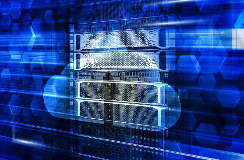 Server rack with working mainframe disk cloud storage, motion blue polygonal effect 3d render royalty free stock photos