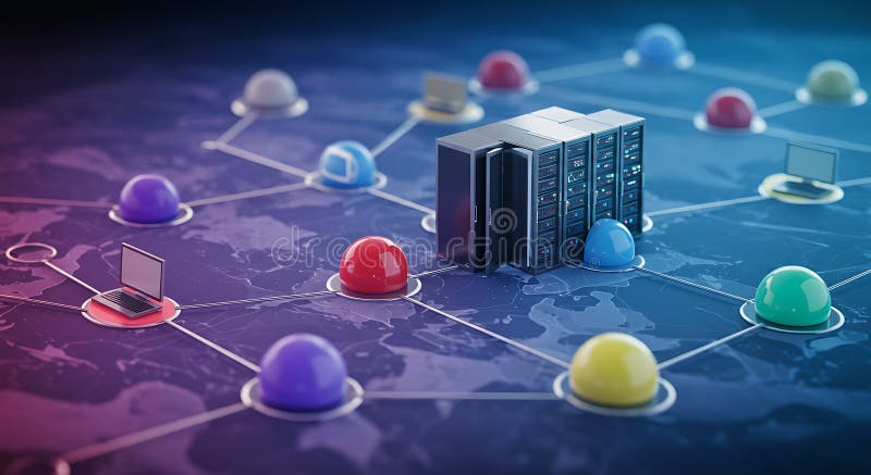 Server racks are at the center of a network diagram, illustrating a data center or royalty free illustration