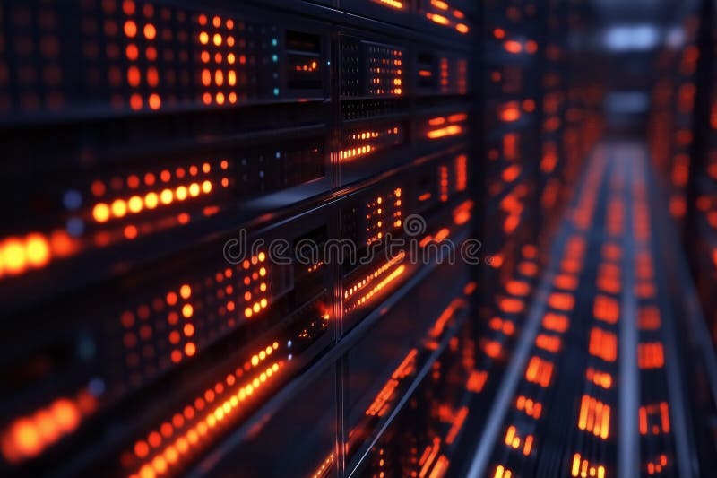 Server racks with glowing lights in a modern data center royalty free illustration