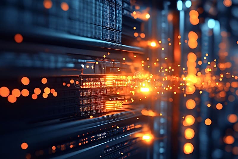 Bright orange particles are flowing through server racks, creating a futuristic atmosphere in a datacenter, symbolizing data transfer and processing. Glowing analytics stock images, royalty-free photos and pictures