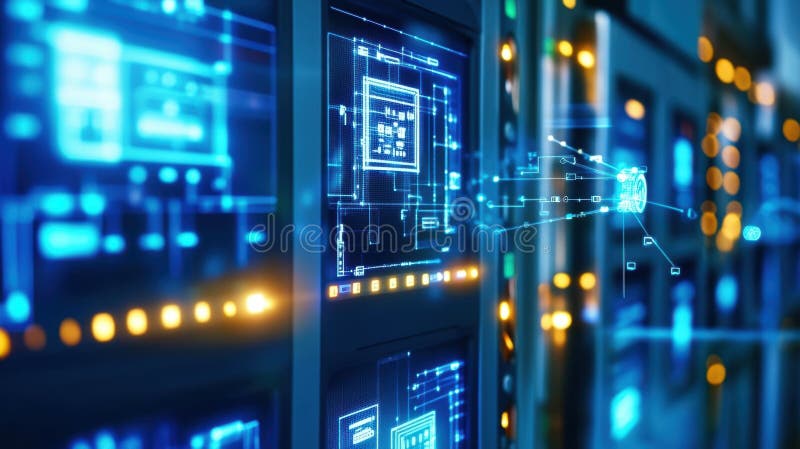 Server racks processing data with futuristic user interface showing in a data center royalty free stock image