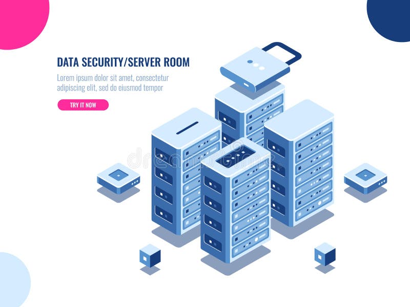 Server room cabinet, data center and database isometric icon, server rack farm, blockchain technology, web hosting, data vector illustration