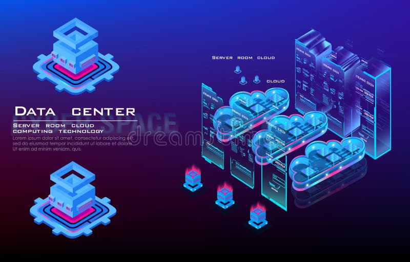 Server room and cloud computing isometric concept. Cloud data for storing and processing information. Process of work server proce stock illustration