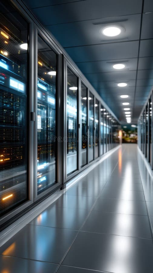 Server Room Corridor with Rows of Data Center Racks and Reflective Tiled Floor stock photo