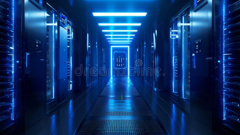 Server Room Data Center With Blue Lights, Network Equipment Racks vector illustration