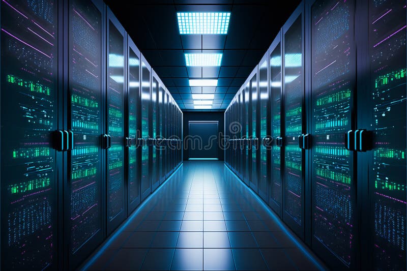 Server Room Data Center with Cinematic Lighting. Generative Ai Stock