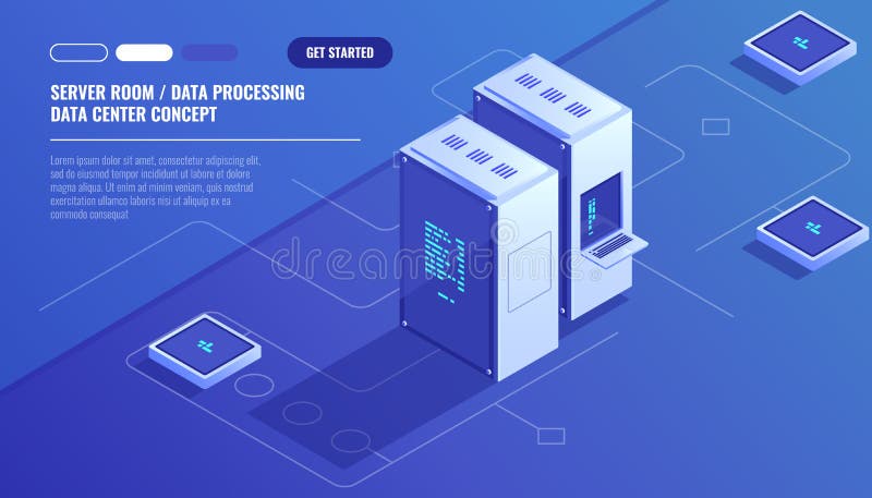 Server room, data center, Concept of cloud storage, data transfer, data transfer scheme isometric vector royalty free illustration