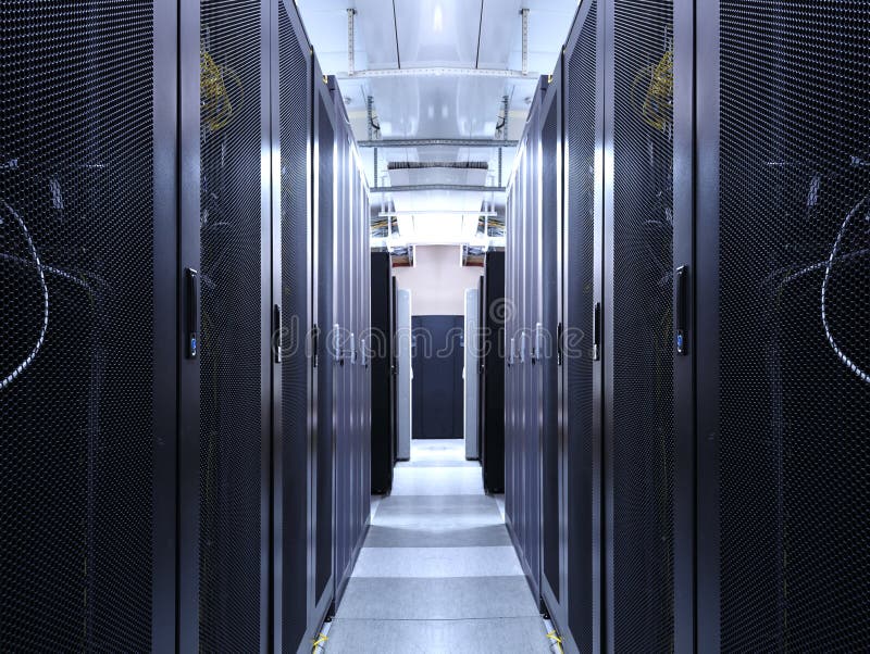 Server room data center network for virtual hosting services. Corridor inside with racks of supercomputers mainframe and high stock image