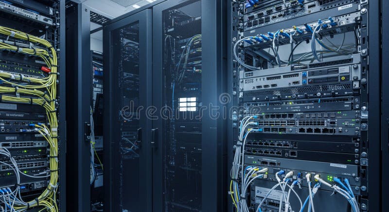 Server room featuring multiple racks filled with network equipment. Black server stock illustration