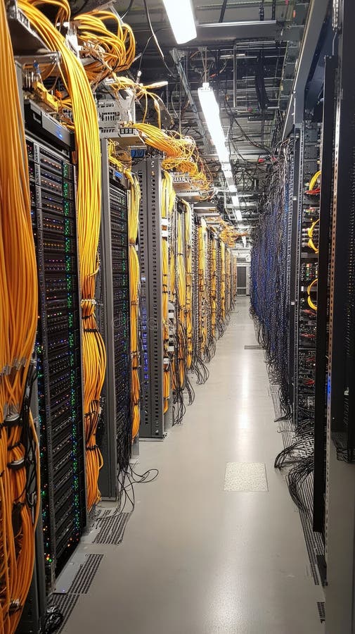 Modern Server Room with Fiber Optic Cables and Network Equipment stock illustration