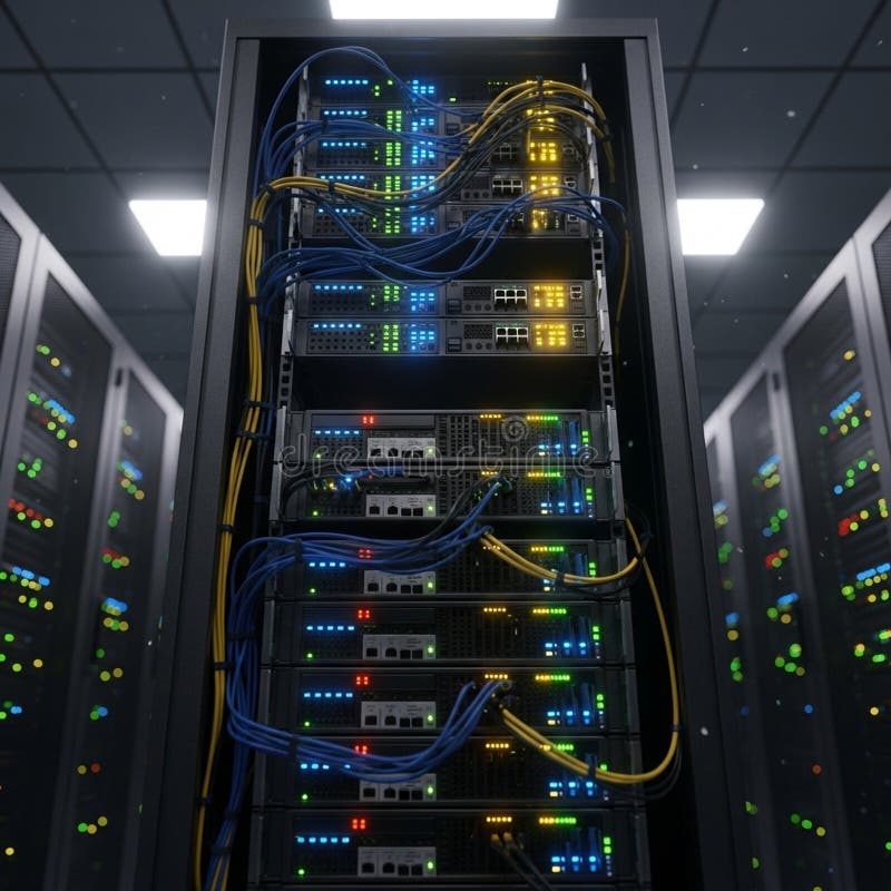 A server room filled with racks of computer servers. Each rack is equipped with stock illustration