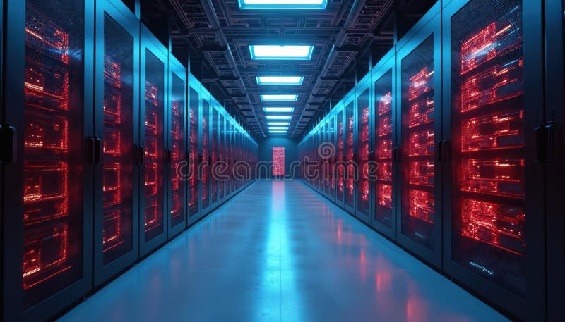 Server room hosts internet data. Data center houses hardware. Blue light illuminates corridor with server racks. Secure storage royalty free stock photography