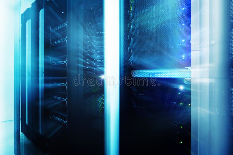 Server room interior in datacenter, multi exposure futuristic design. Web network, internet telecommunication technology, big data royalty free stock images