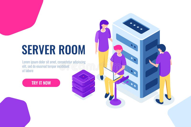 Server room isometric, datacenter and database, working on a common project, teamwork and collaboration, maintain royalty free illustration