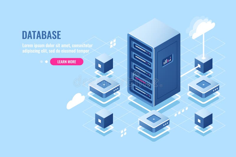 Server room isometric icon, database connection, transfer data on remote cloud storage, server rack, data center stock illustration