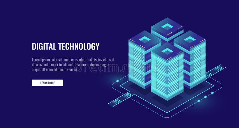 Server room isometric vector, futuristic technology of data protection and processing, networking and web hosting banner vector illustration
