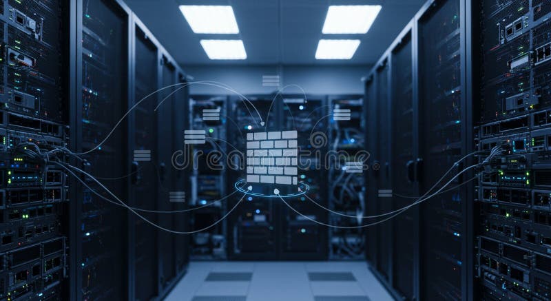 Server room with multiple racks of network equipment and servers. The space is vector illustration