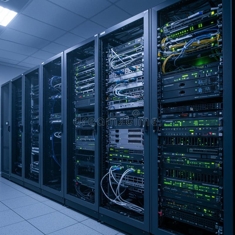 Server room with multiple server racks filled with network equipment. Each rack stock illustration