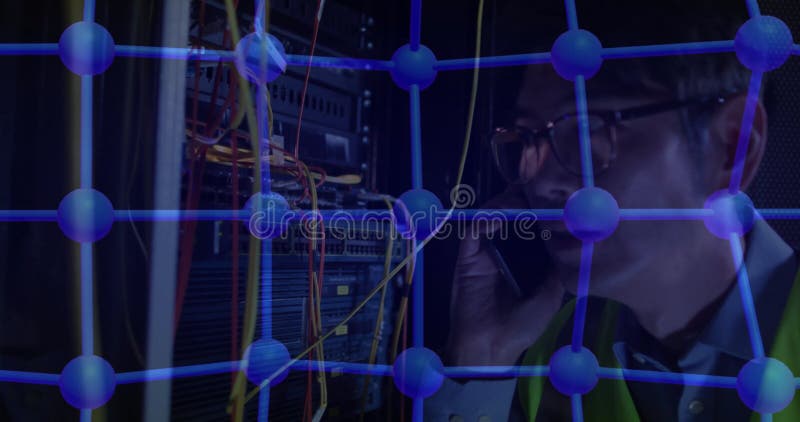 In server room, person using phone while network connections animation processing data stock illustration