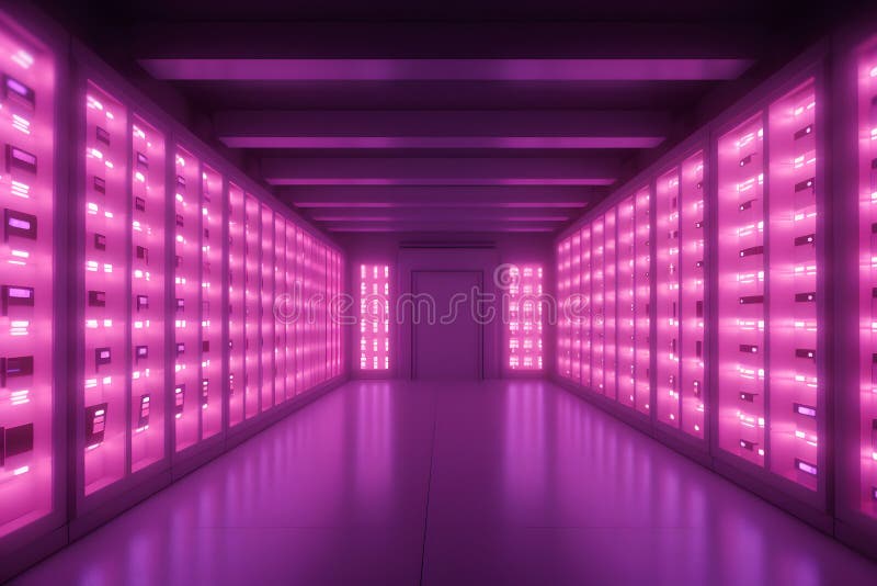 Server Room in Pink Colors. Modern Stock Image