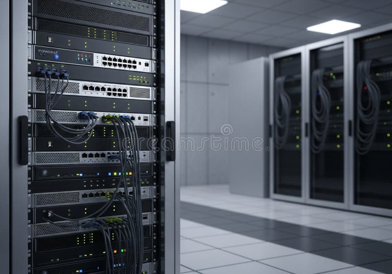 Server room with rows of server racks housing network equipment. royalty free illustration