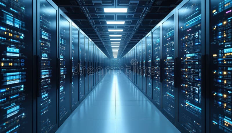 Server room with servers. AI-enhanced software-defined networking using machine learning algorithms improve adaptability stock illustration