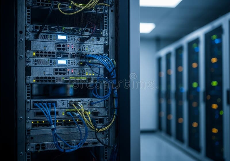 A server room with several racks of network equipment and servers. royalty free stock photo