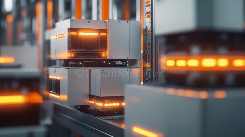 Server units processing data with orange lights in modern data center stock images