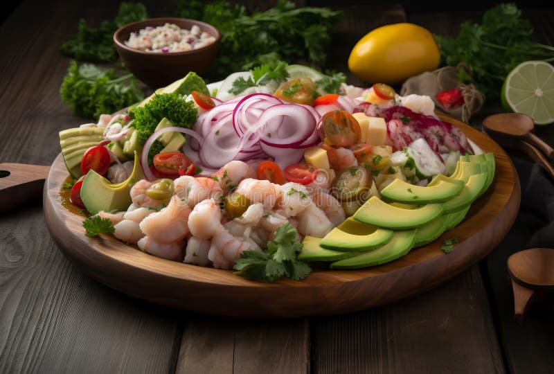 Serverar peruanska ceviche-plattor. generera ai vektor illustrationer