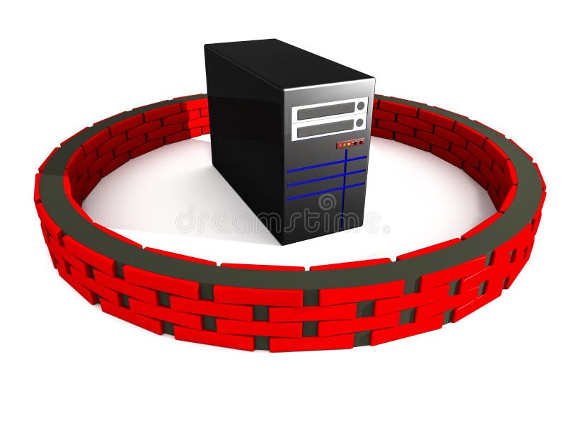 A server surrounded with red hot bricks, fire-walling and computer or server security concept. A server surrounded with red hot bricks, fire-walling and computer or server security concept