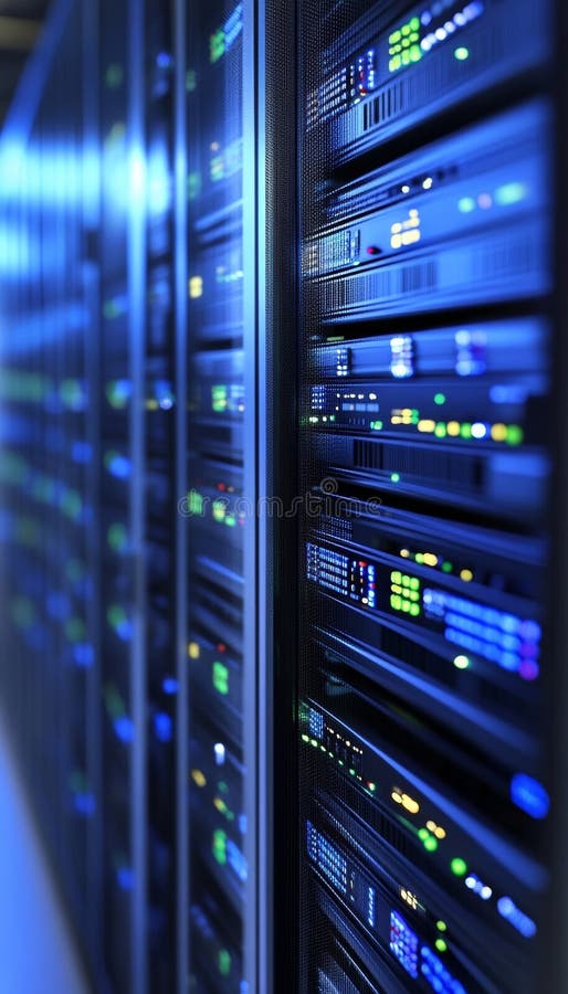 Servers In Data Center. Cloud Computing And Hosting Facility With Big Data Connection Racks vector illustration