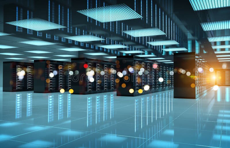 Servers Data Center Room with Bright Bokeh Light Going through the