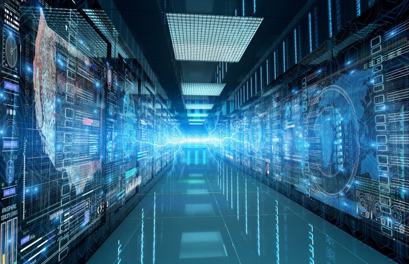 Servers data center room with storage systems and digital graphs and charts 3D rendering stock illustration
