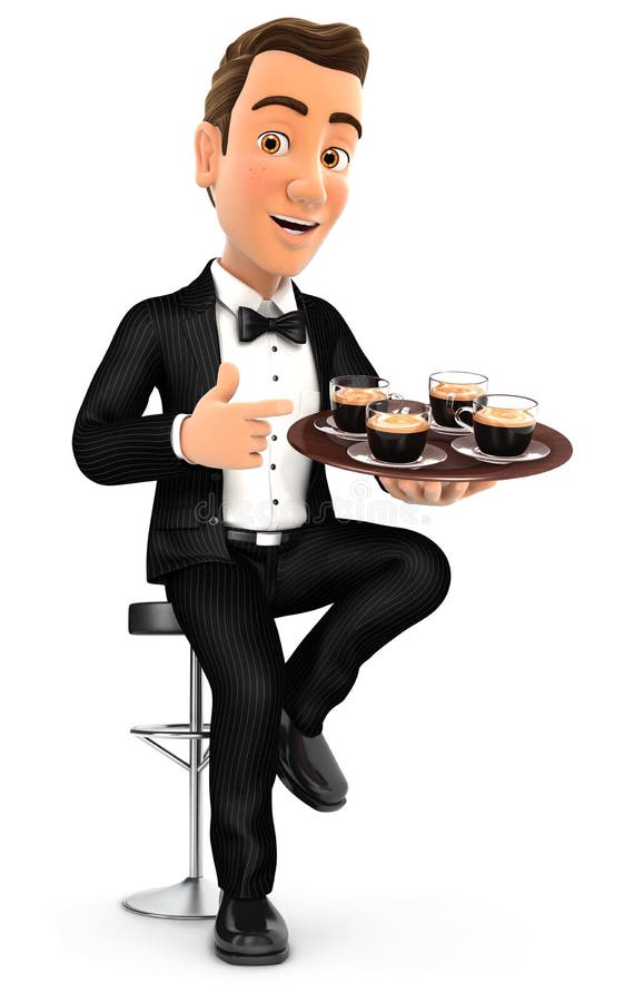 serveur 3d s'asseyant sur la chaise de barre avec des tasses de café illustration stock serveur 3d s'asseyant sur la chaise de barre avec des tasses de café illustration stock