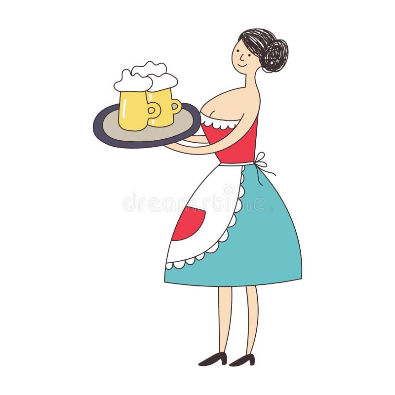 Serveur féminin dans l'uniforme portant un grand plateau avec des verres de bière Illustration de vecteur illustration libre de droits Serveur féminin dans l'uniforme portant un grand plateau avec des verres de bière Illustration de vecteur illustration libre de droits