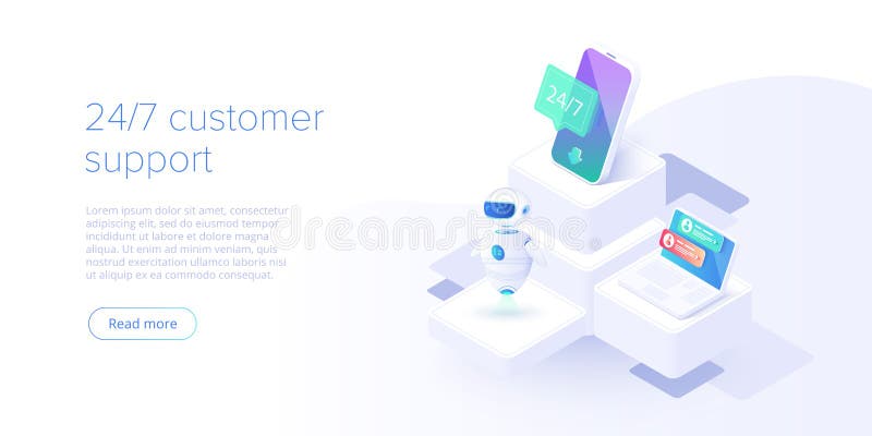 24/7 service concept or call center in isometric vector illustration. 24-7 round the clock or nonstop customer support background
