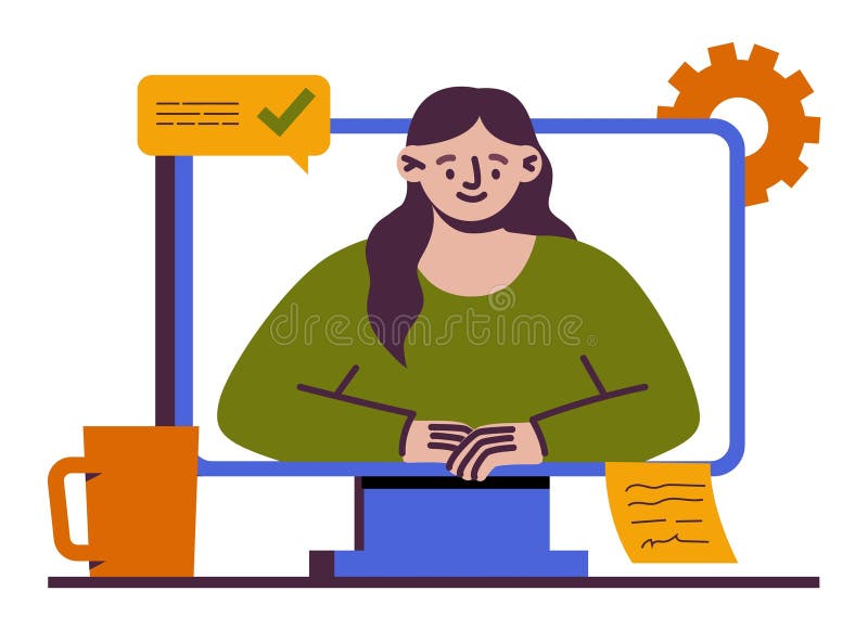 Service d'appel. assistante féminine. support client en ligne. écran d'ordinateur au bureau. poser une question. communication int illustration stock