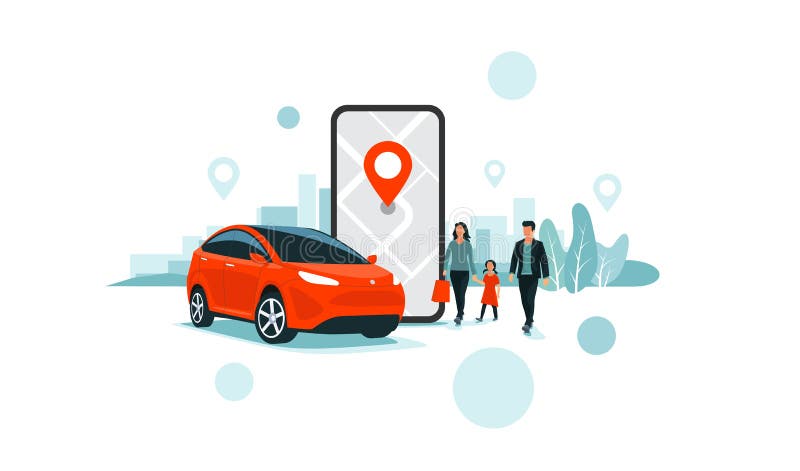 Service De Partage De Voitures En Ligne Contrôlé À Distance Via Smartphone App Transport De Famille De La Ville illustration libre de droits Service De Partage De Voitures En Ligne Contrôlé À Distance Via Smartphone App Transport De Famille De La Ville illustration libre de droits