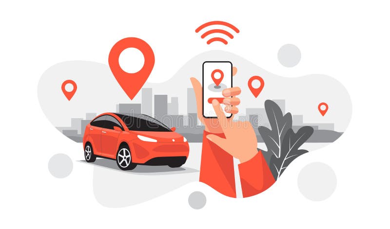Service de stationnement connecté de tour de partage de voiture télécommandé via l'application smartphone illustration de vecteur Service de stationnement connecté de tour de partage de voiture télécommandé via l'application smartphone illustration de vecteur