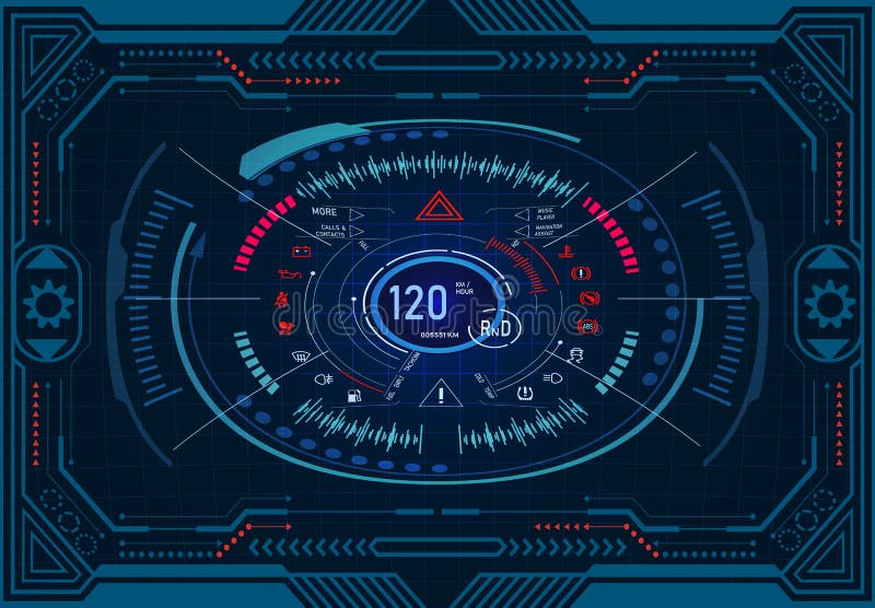 Service för utbyte för bunkebilelevator lyftolja Futuristisk instrumentbrädadesign på en grafisk bildskärm i ram Hastighetsmätare vektor illustrationer