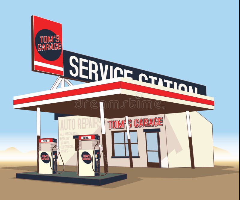 3D Illustration of Retro Car and Gas Station Stock Illustration