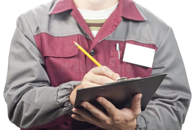 Service man with clipboard isolated on white. Architect uniform stock images, royalty-free photos and pictures